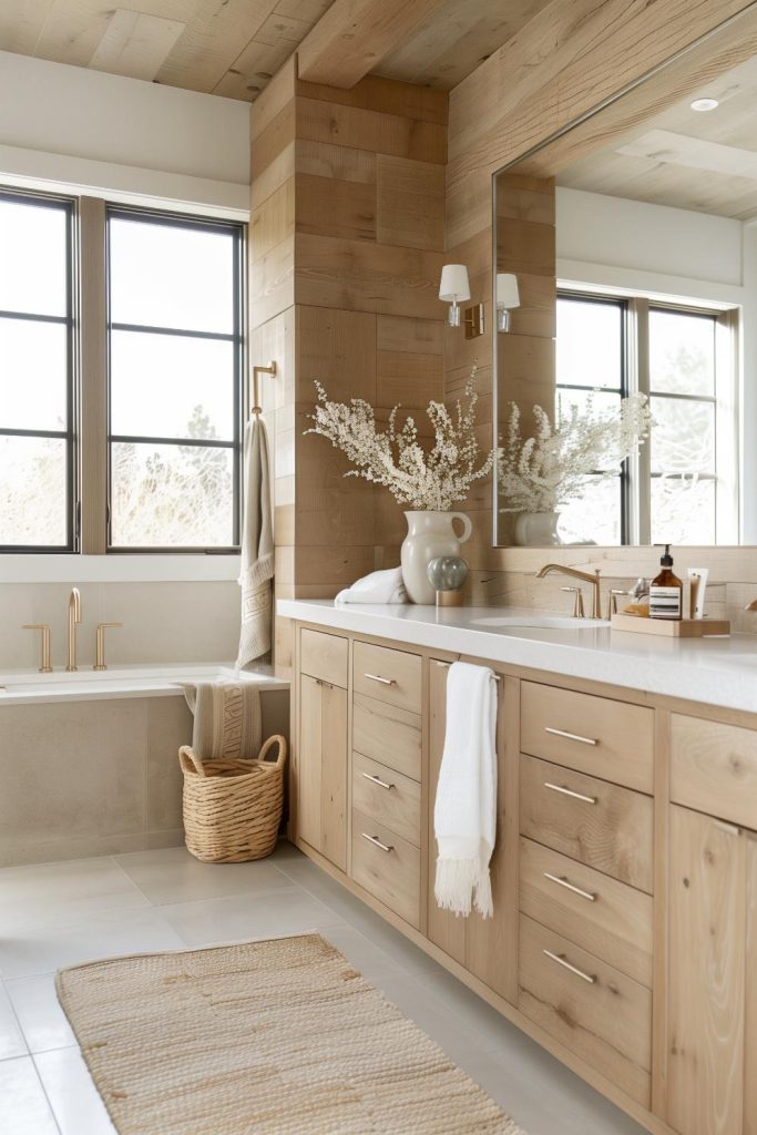 Neutral tones and textures mimic sandy beaches, with a natural wood vanity bringing a piece of the beach indoors.