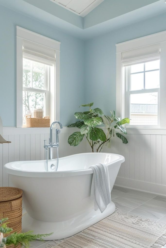 Understated elegance is achieved through pastel blue walls and crisp white trim, creating the perfect backdrop for coastal decor and ensuring a fresh and inviting coastal bathroom.