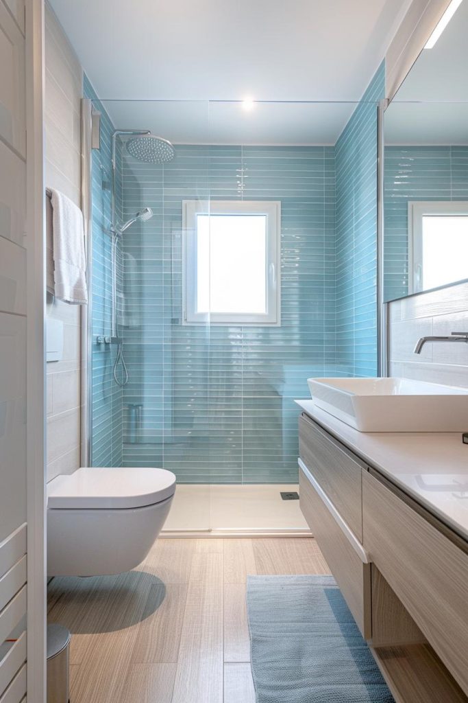 Glass blue tiles shimmer on the shower walls, reflecting light like the sun on the ocean's surface for a true coastal bathroom feel.