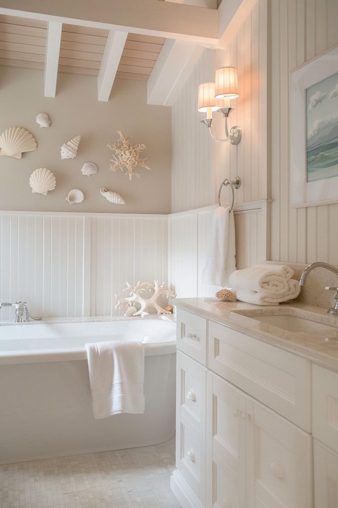 Seashells are a main component of coastal decoration. In this bathroom, delicate shell decor pieces add a subtle, graceful coastal touch to a minimalist bathroom palette.