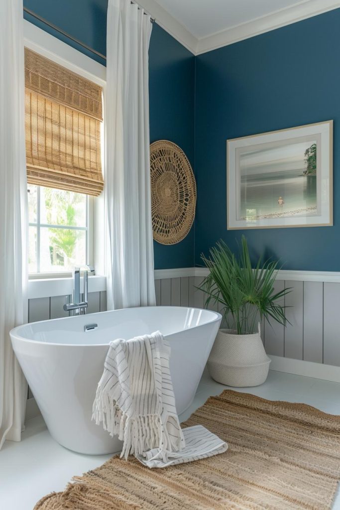 A deep blue wall highlights the white fixtures. The combination is striking and reflects the striking contrast of the horizon where the sea meets the sky.