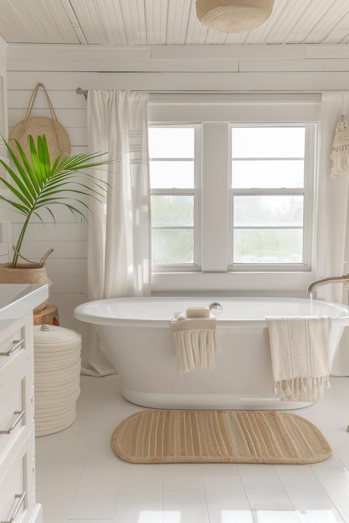 Sheer white curtains provide privacy while inviting in the soft, muted light - perfect for a tranquil, beach-inspired bathroom.