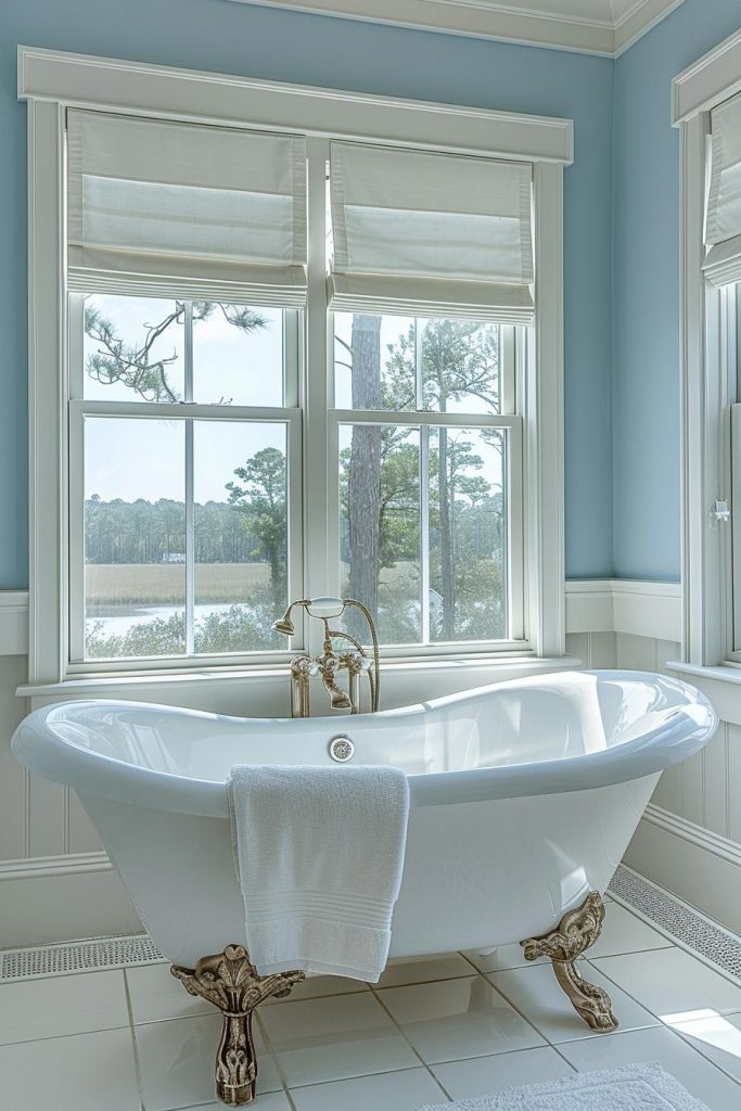 A stunning claw-foot soaking tub with gleaming fixtures is accented by <a href=