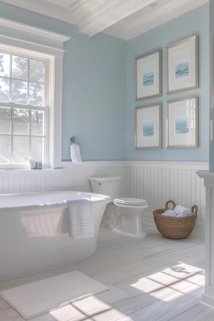 Soft blue paint and white beadboard wainscoting, the whisper of waves crashing against a pristine beach in this coastal bathroom idea.