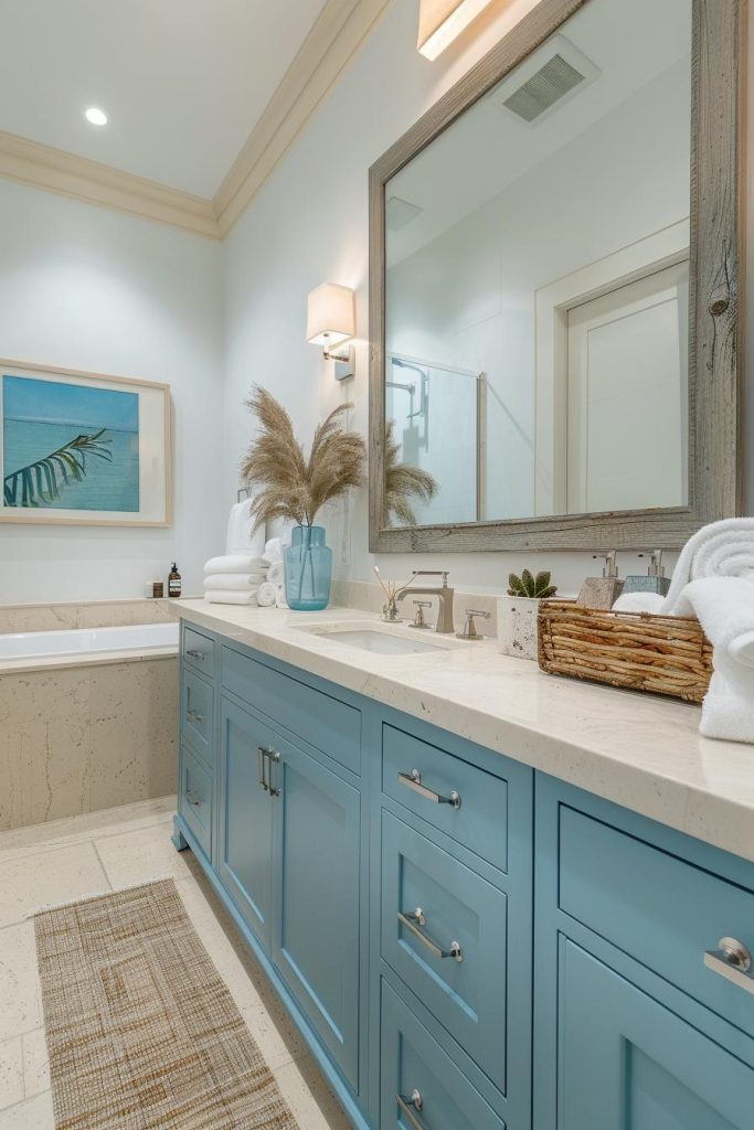 A vanity in shades of blue against neutral, sand-colored walls makes a bathroom feel like a seaside escape.