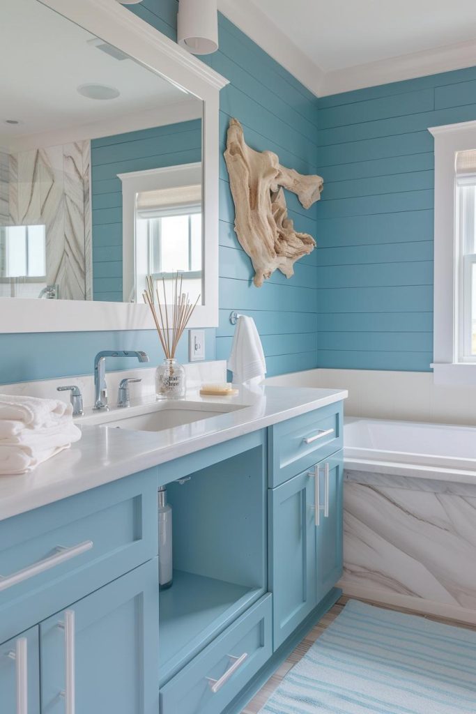 Be enchanted by the wooden waves that mingle with a calming blue and white palette, evoking images of weathered driftwood that adorn a coastal bathroom and enhance its nautical charm.