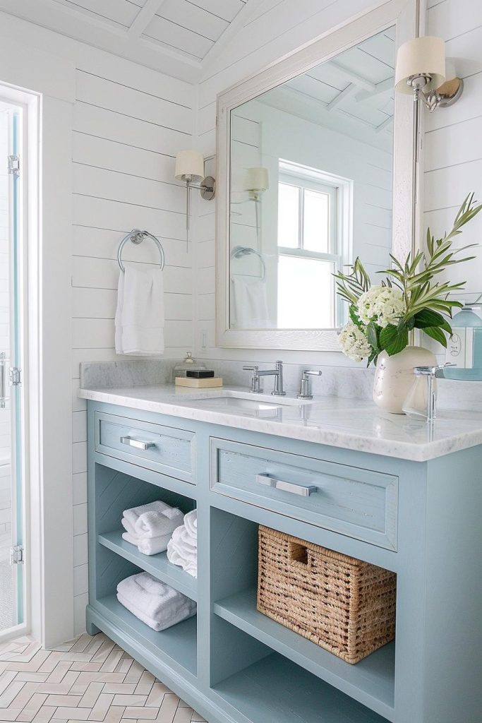 Neutral floor tiles paired with a white and blue vanity mimic the soft, natural tones found along a sandy beach, making your restroom feel peaceful and serene.