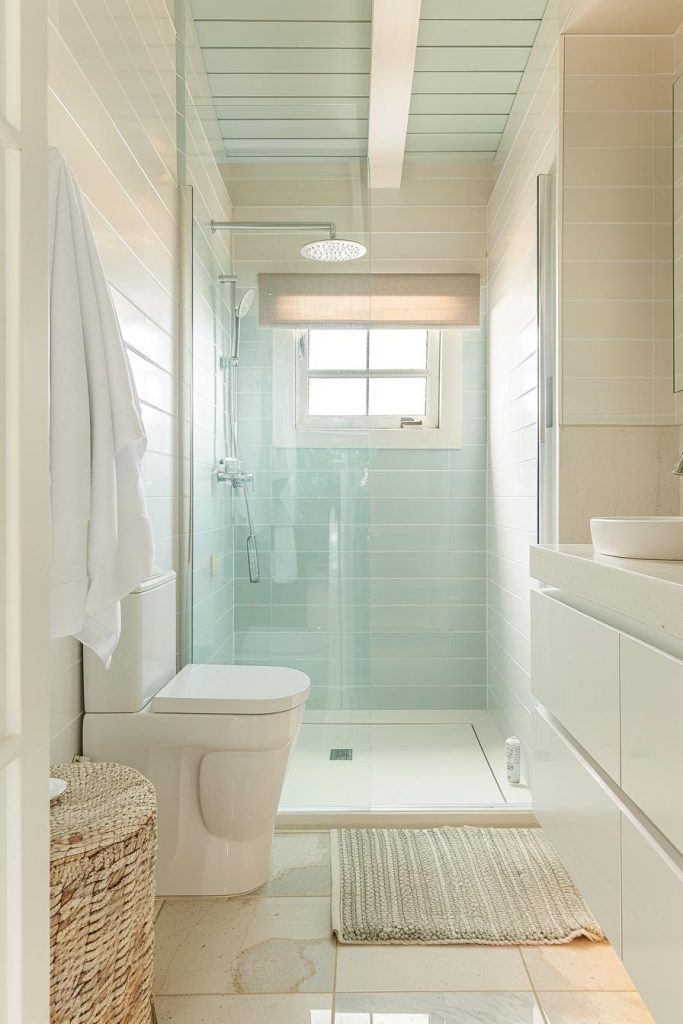 A shower framed in soft, beach-themed pastel tones brings the essence of beach life into a cozy bathroom setting.