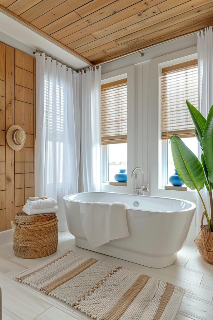 With wood textures and splashes of blue, this bathroom embodies the appeal of a coastal aesthetic.