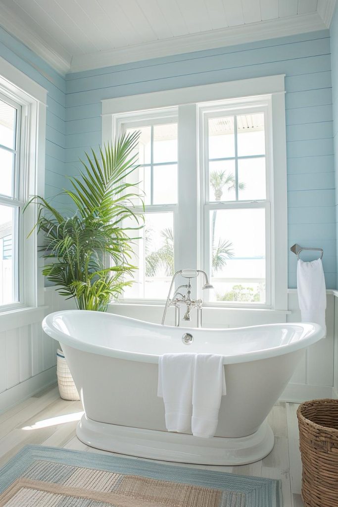 Add the refreshing appeal of a beach breeze to your space, while airy blue walls and the graceful presence of potted beach grass evoke the calming feeling of a gentle sea breeze, enveloping the space in tranquil coastal beauty.