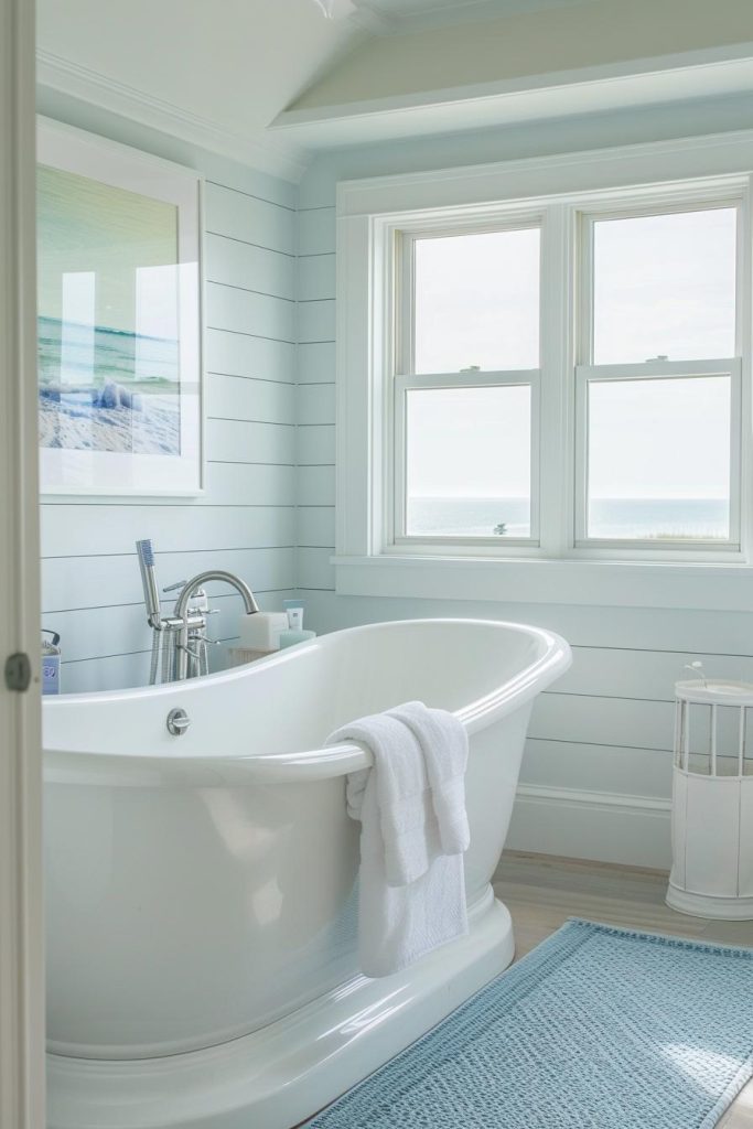 Enjoy coastal charm with cottage-style woodwork elegantly painted in white, while a pastel blue bath mat adds a touch of relaxed coastal elegance, anchoring the space in the relaxed spirit of the coast.