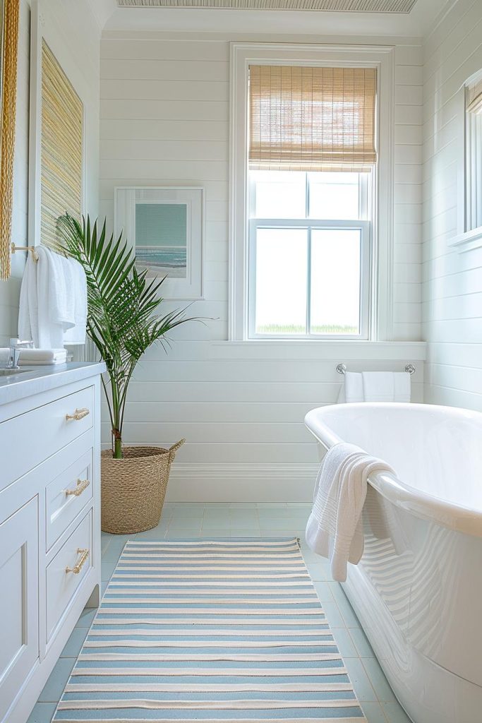 In a harmonious mix of white furnishings and intriguing striped accents, this space stages a captivating serenade of the timeless appeal of seaside living, infusing the space with an understated yet captivating coastal charm.