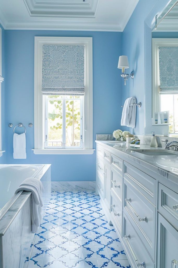 The fresh blue and white colors and elegant fixtures of this bathroom convey a sophisticated, water-inspired, seaside charm.