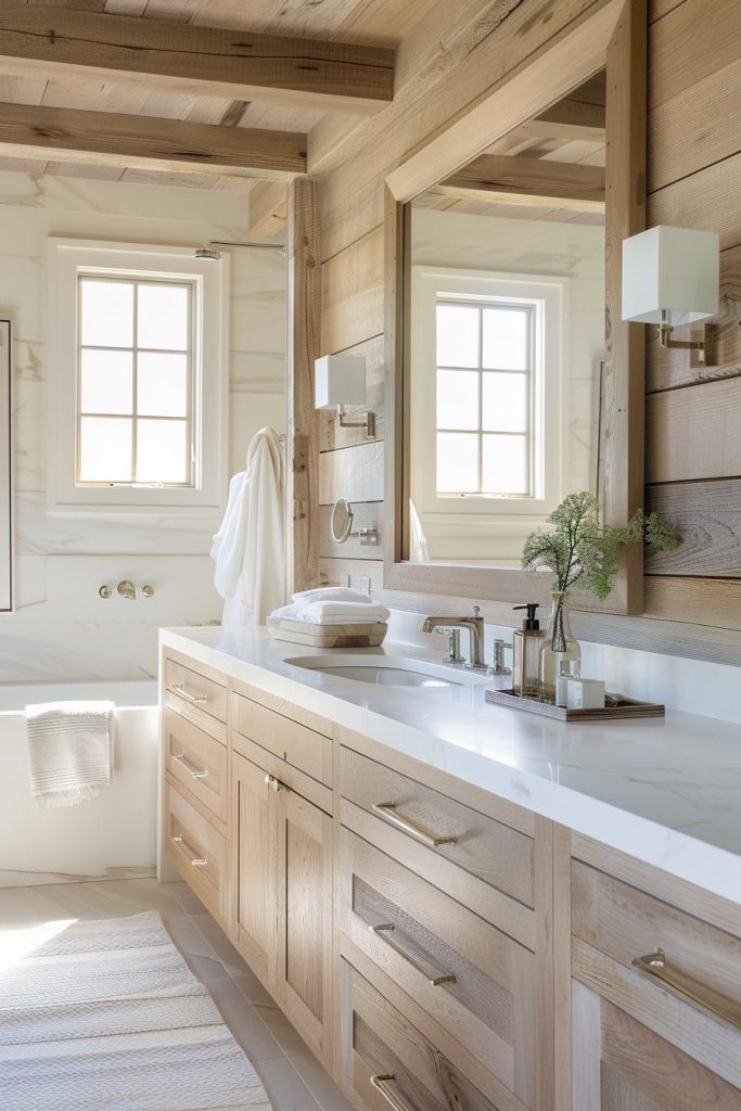 Washed-out wooden cabinets beneath a white countertop are reminiscent of driftwood collected from many walks on the beach. It <a href=