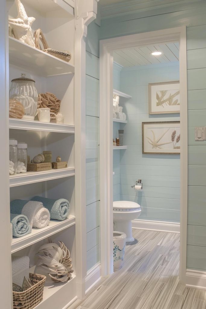 Transform your bathroom into a captivating coastal canvas, where the clean, simple lines of white shelves against light blue walls provide an inviting backdrop for displaying an array of marine treasures, transforming the space into an enchanting showcase of coastal attraction.