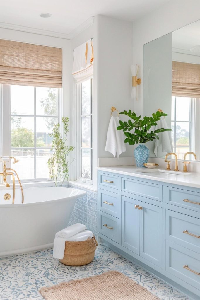 Enhance your coastal style bathroom with the luxurious touch of gold fixtures amid soothing blue tones, evoking a feeling of opulence that reflects the grandeur of the ocean, adding regal appeal to this coastal aesthetic.