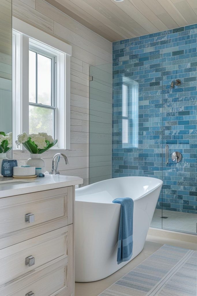 This bathroom is a modern twist on the classic seaside escape, as a charming blue tiled splashback, harmoniously paired with calming neutrals, gives the space a contemporary coastal charm, creating a tranquil retreat that exudes understated elegance.