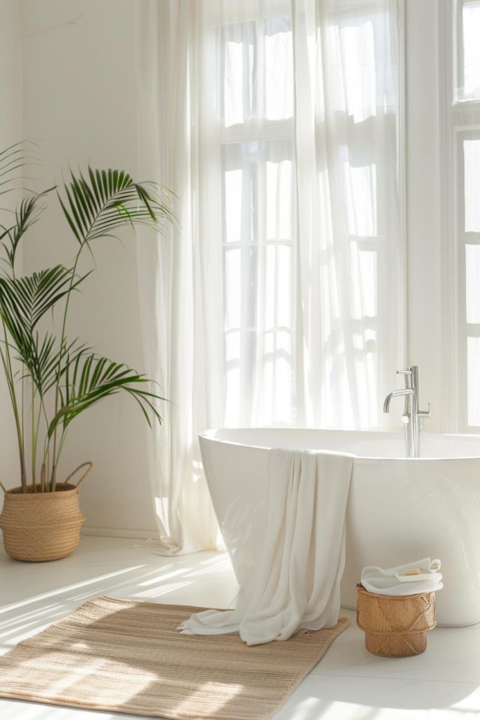 This bathroom achieves a Zen-like state with its mix of white fixtures and coastal comforts, inviting relaxation in every corner.