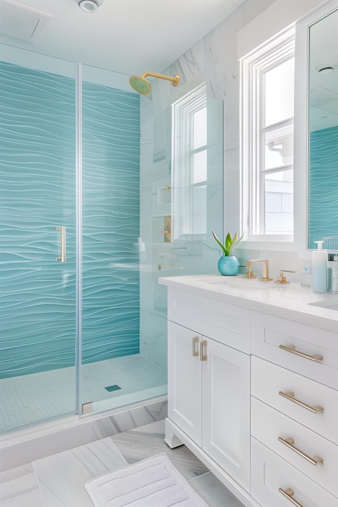 The ebb and flow of the tides are replicated in the flowing design of blue wave pattern shower tiles, making your shower feel like a trip to the sea.