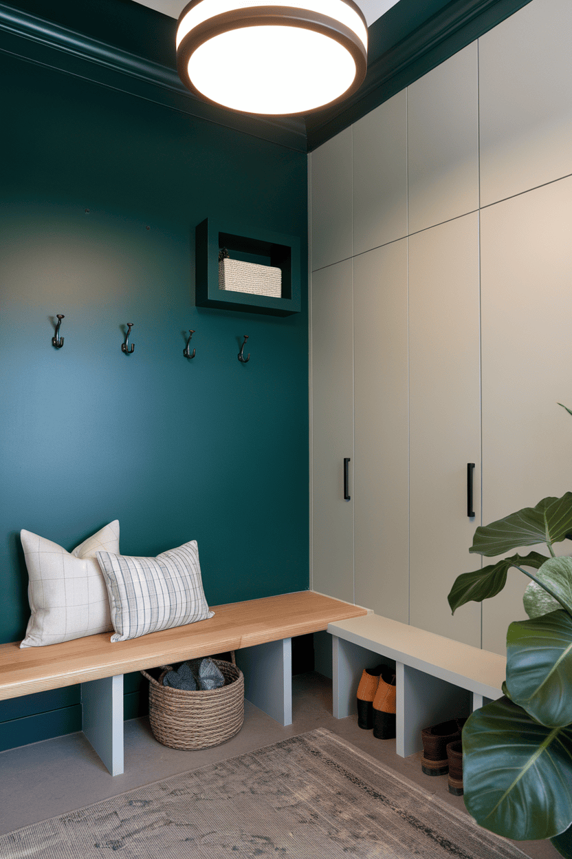 A modern mudroom with a bold green accent wall, wooden bench, storage and plants.