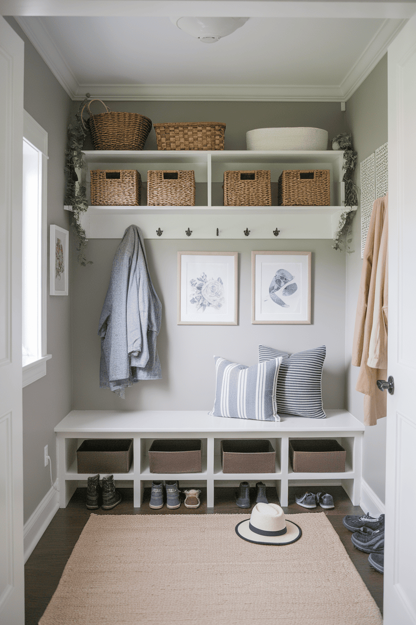 A well-organized mudroom with floating shelves, a bench and decorative items.