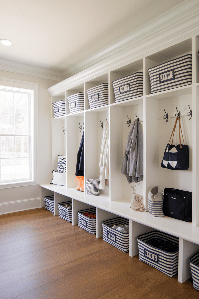 A modern mudroom with open compartments for storage, striped baskets and hooks for hanging coats and bags.