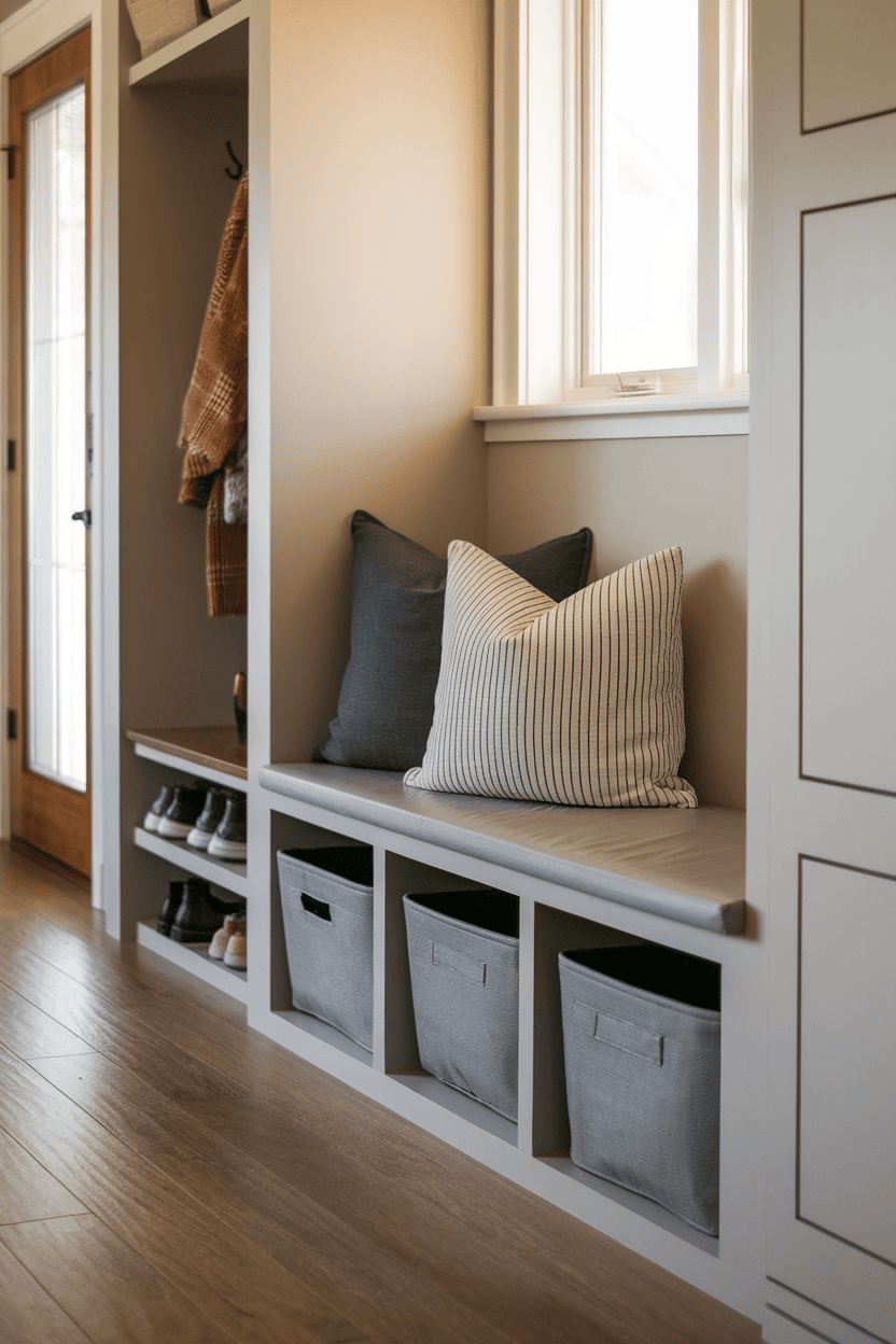 Contemporary mudroom with integrated bench and storage baskets