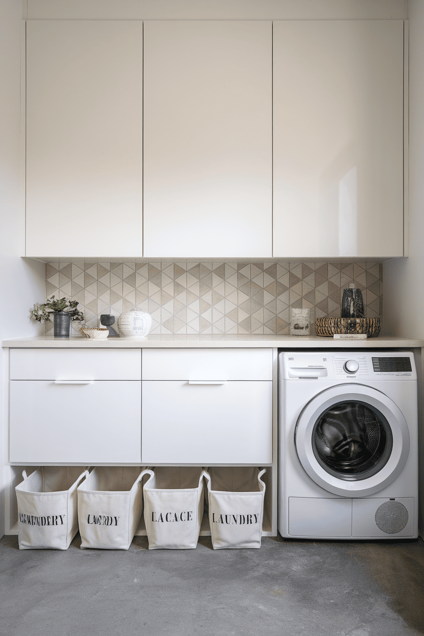 A modern laundry station in an anteroom with white cabinets, a washing machine and labeled fabric bins