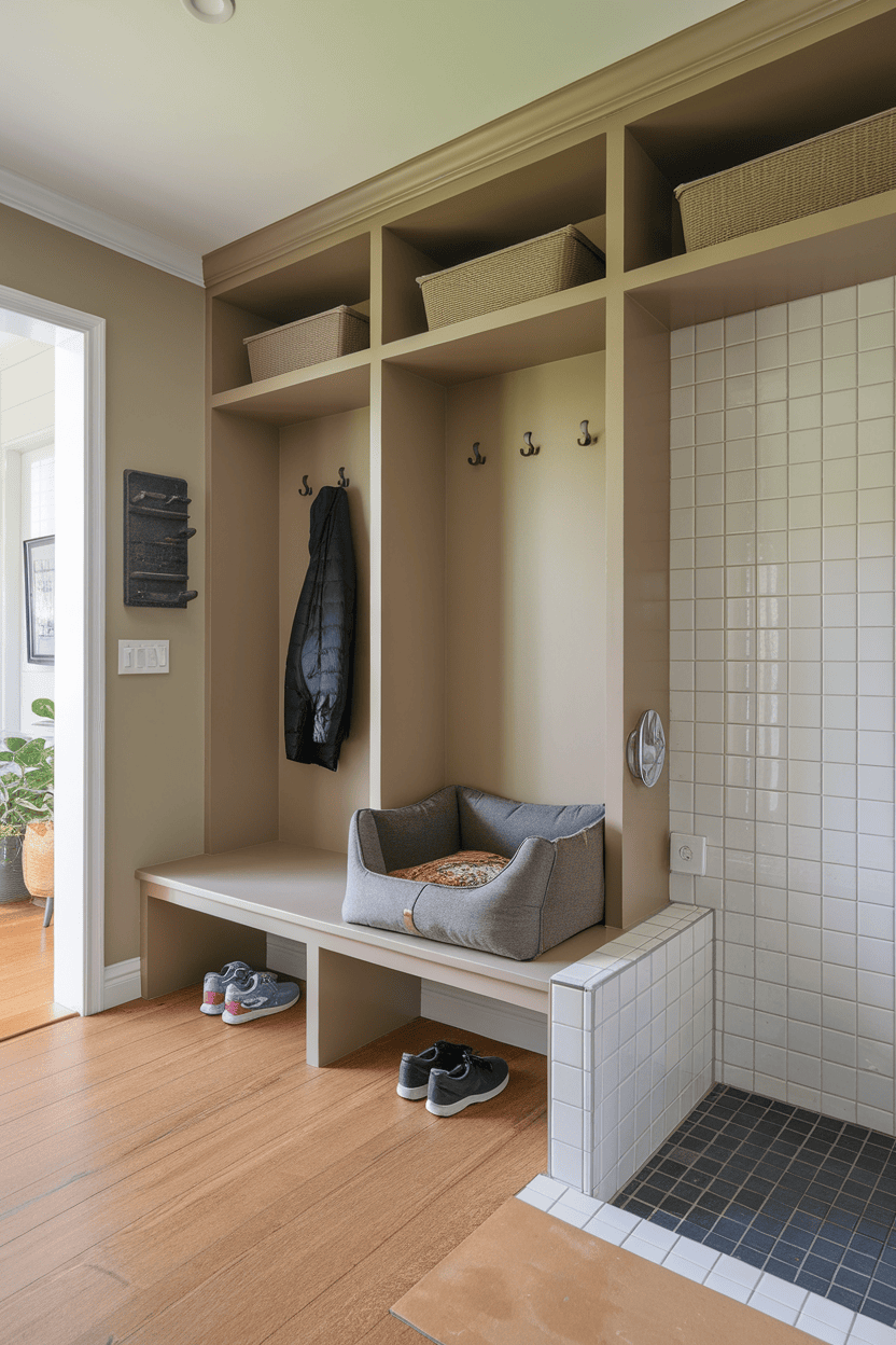 Contemporary mud room with pet nook with bench, hooks for coats, pet bed and a clean, organized design.