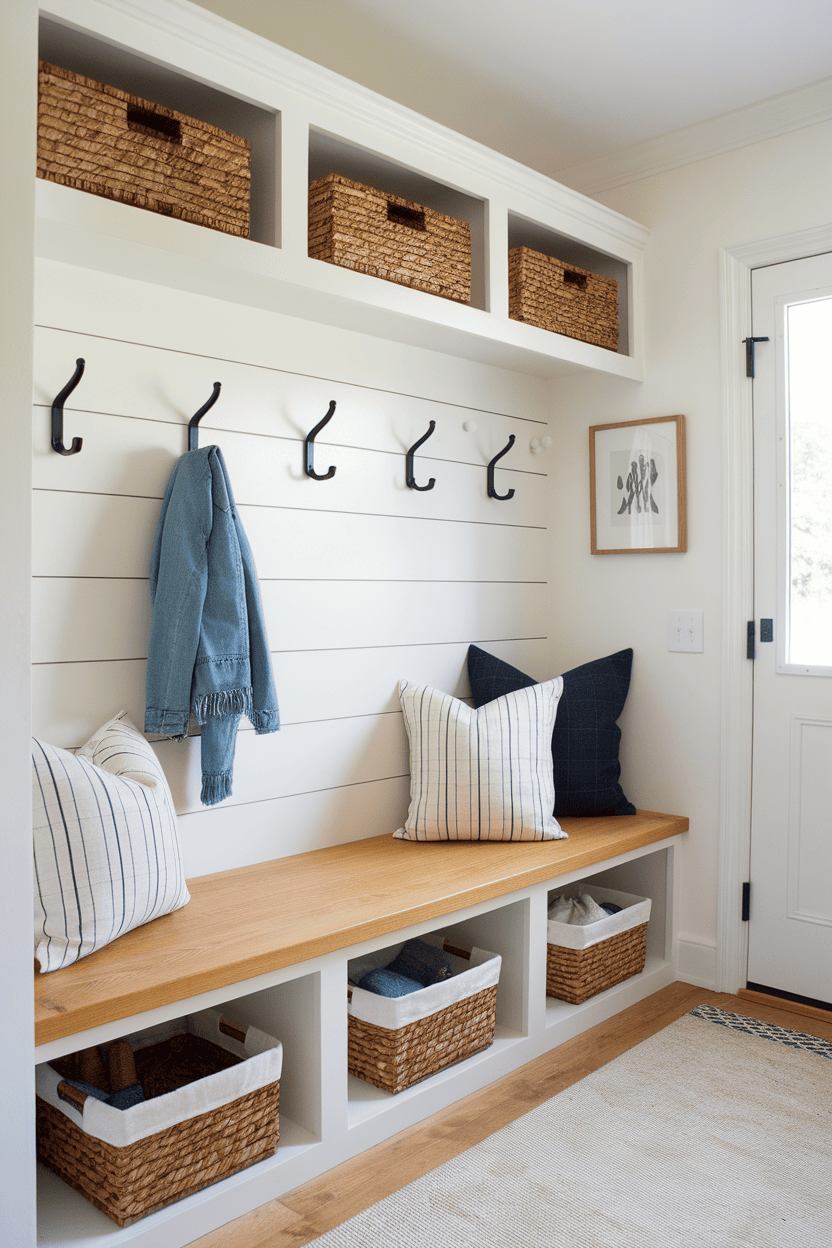 A modern farmhouse-style mudroom with overlapping walls, black hooks, a wooden bench and woven baskets for storage.