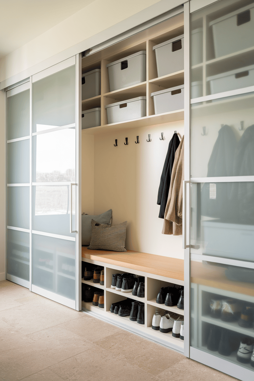 A modern mudroom with sliding door storage with bins, hooks for coats and a wooden bench.