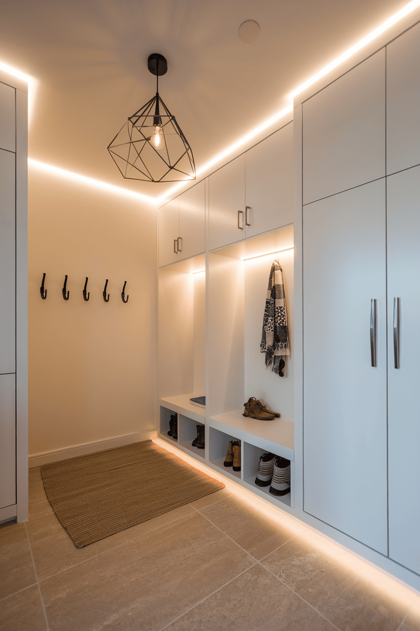 Modern bathroom with stylish pendant lamp and LED strip lighting