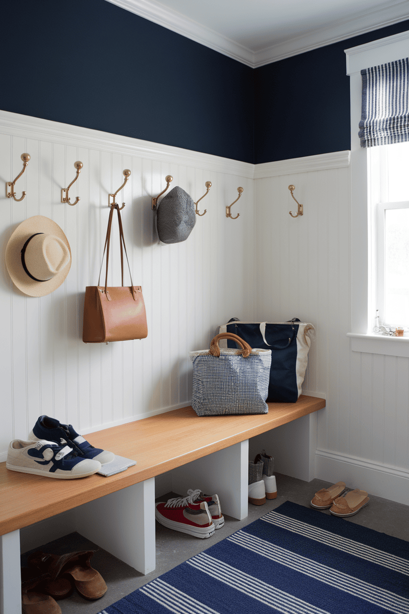 A modern mudroom with dark blue walls, a wooden bench, hooks for hanging bags and hats, and a striped rug.