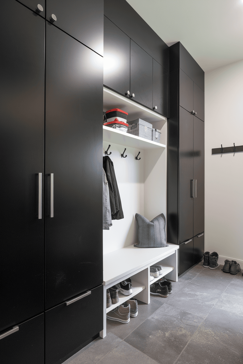 Modern mudroom with floor-to-ceiling storage, black cabinets and open shelving.