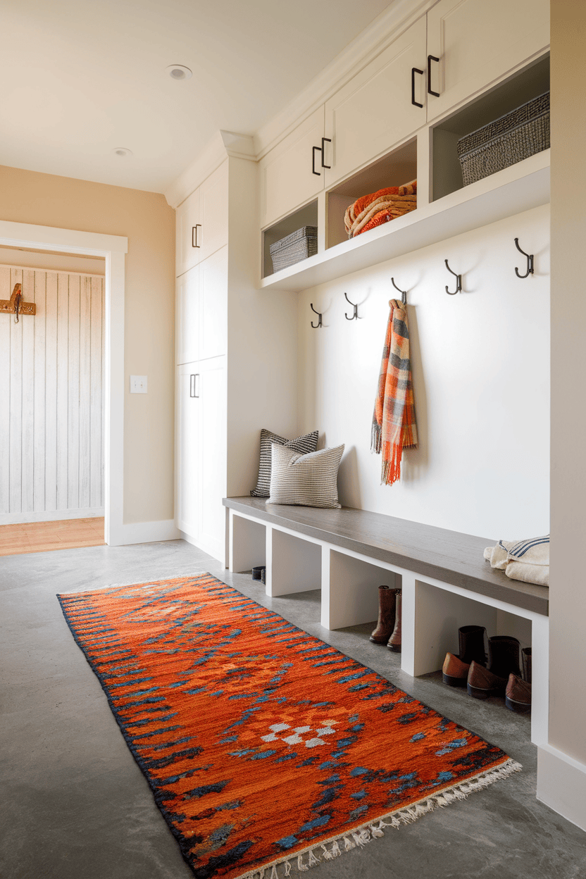 A modern bathroom with a bright orange rug with colorful patterns, a bench and hooks for coats and accessories.