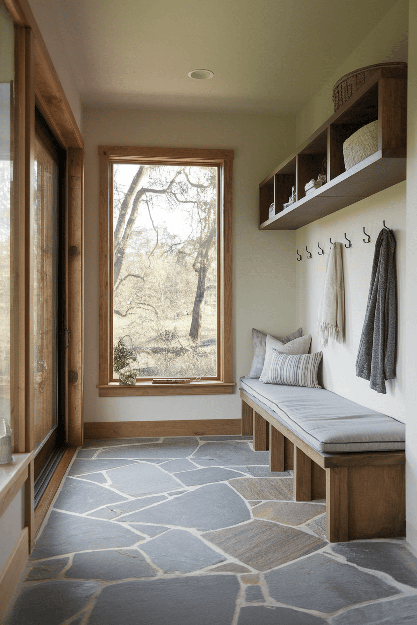 A modern mudroom with a cozy bench, hooks for hanging items, and a large window to see the greenery outside.