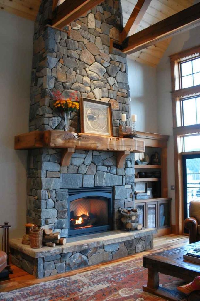 A charming stone fireplace forms the focal point of the room, flanked by cozy wooden shelves. This country house classic creates a cozy atmosphere and gives the room a nice, warm accent.