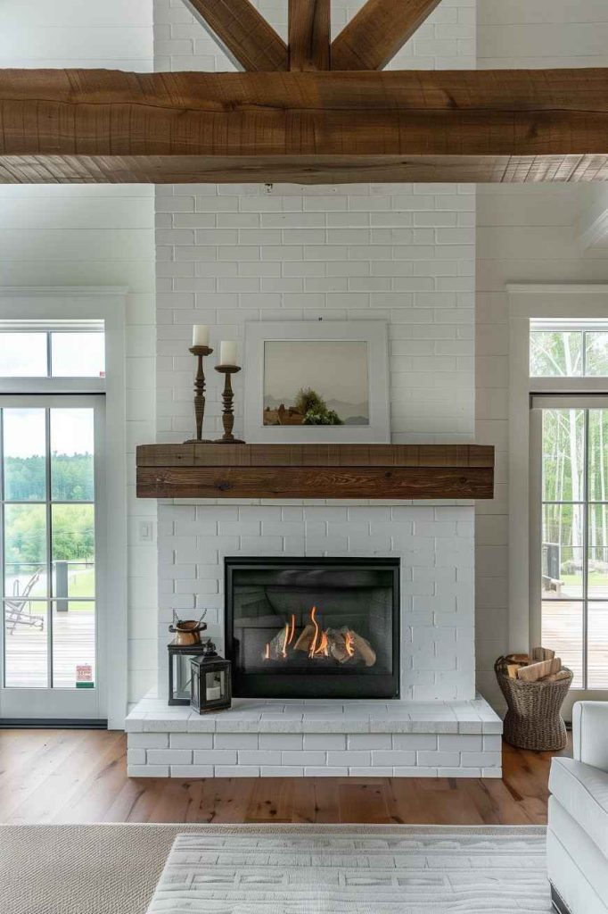 The white painted brick blends seamlessly with the rustic wood mantel, creating a refreshing and inviting farmhouse atmosphere. The simplicity of this design speaks volumes and exudes a timeless style that effortlessly combines modernity with rustic charm.