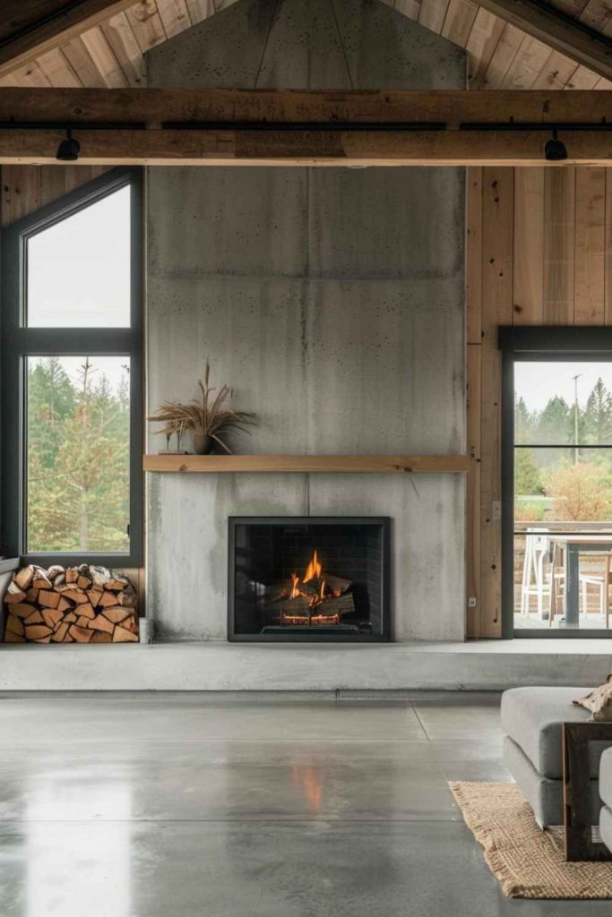 This fireplace's sleek concrete mantle subtly blends farmhouse warmth with modern design, creating an understated yet elegant atmosphere and offering the best of both worlds.