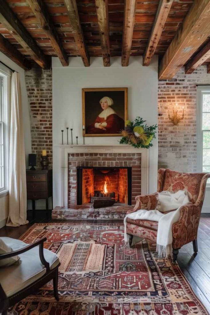 In this farmhouse living area, an antique iron fireback in front of the brickwork gives the room an undeniable touch of historic charm. The interplay of old and new elements creates a captivating and cozy ambience.