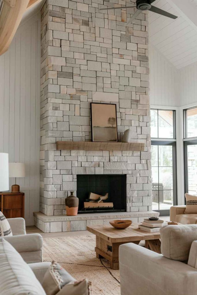 Featuring clean lines and a clean aesthetic, this modern farmhouse fireplace exudes a feeling of minimalism where the beautiful texture of the natural stone takes center stage. The deliberate restraint in the decor underlines the elegance inherent in the room.