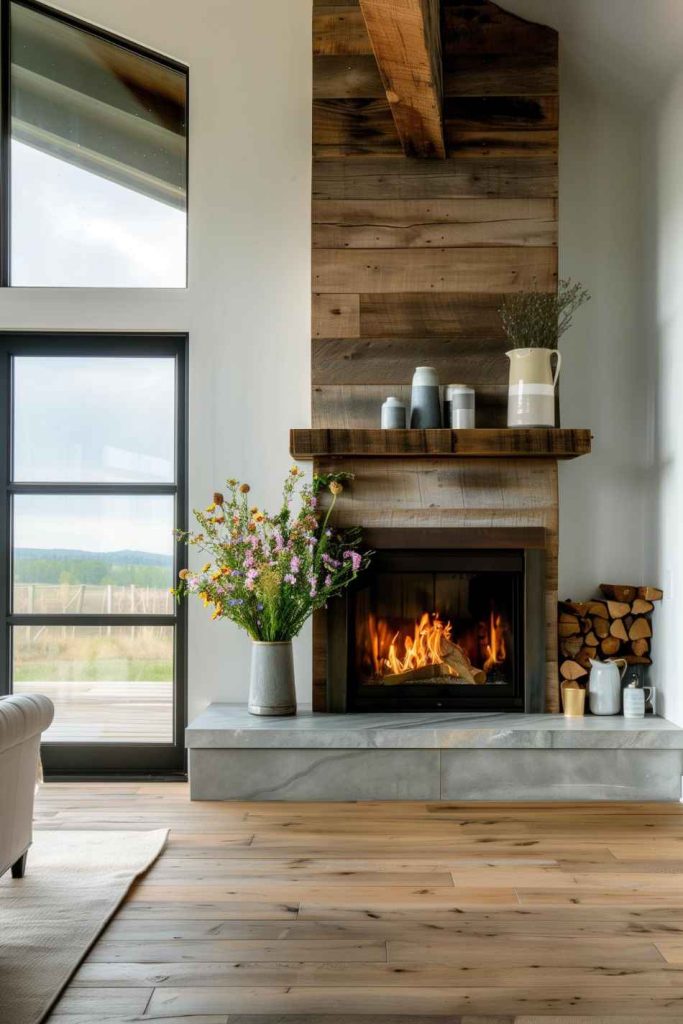 A contemporary designed fireplace with a reclaimed wood surround and wildflower pitchers on the mantel. Warm and charming, it invites you to enjoy a cozy session by the fire in this farmhouse-inspired home.