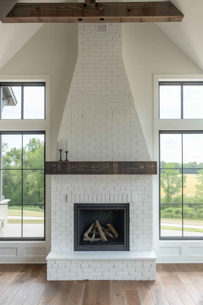 A classic brick fireplace undergoes a fascinating transformation with a freshly painted white facade in a harmonious fusion of traditional and modern design. This modern update seamlessly combines the timeless appeal of traditional elements with the contemporary elegance of farmhouse style.