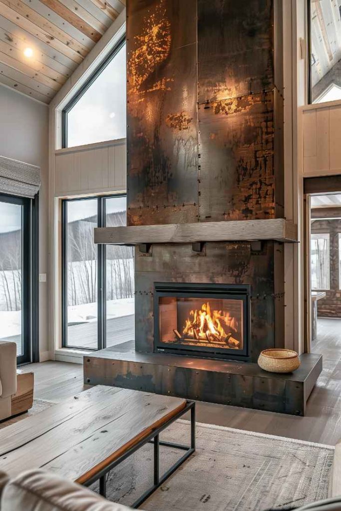 The rustic fireplace is artfully framed by tasteful metal accents, adding a touch of industrial charm to the room. At the same time, the soft textures around the fireplace convey a feeling of cozy, homely comfort, creating a welcoming and inviting atmosphere.