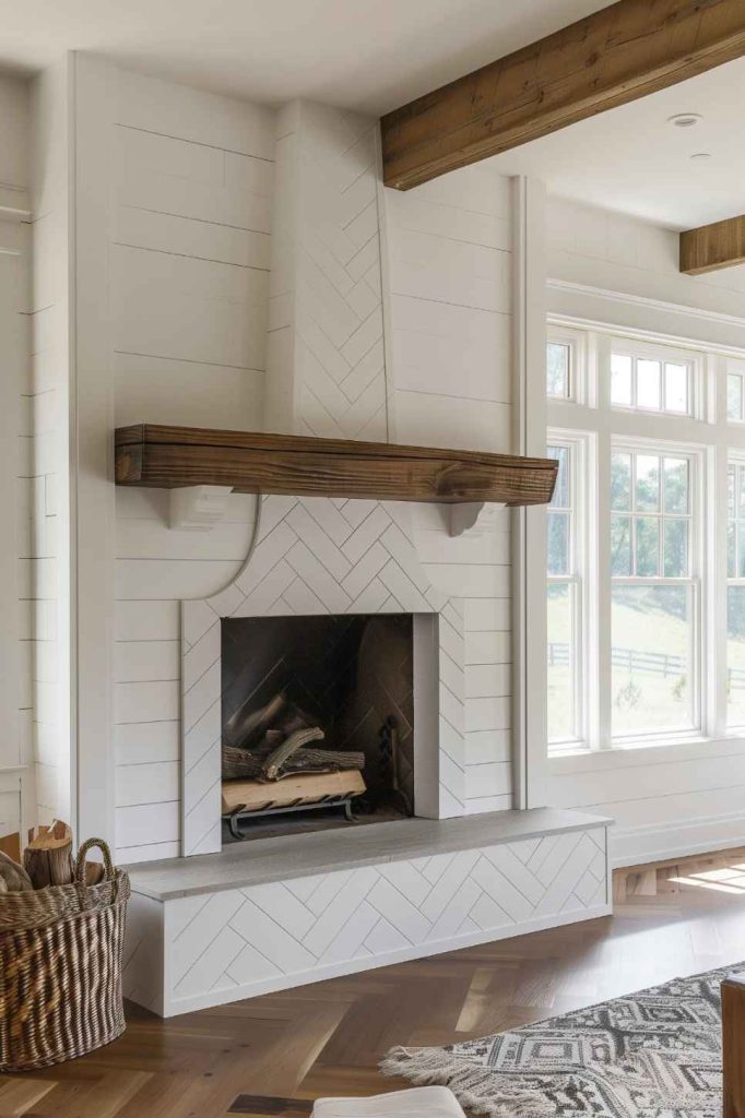 At the heart of the country-inspired living area, the herringbone pattern that adorns the interior of this traditional fireplace not only adds a touch of timeless texture but also serves as a captivating focal point. The intricate pattern gives the room a feeling of classic elegance.