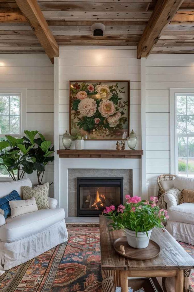 A group of botanical images hang above the fireplace, combining the rustic charm with the beauty of nature in this farmhouse setting.