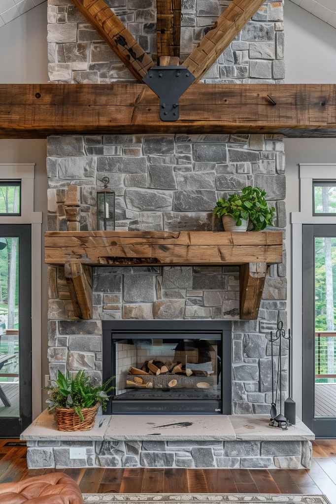 A beautifully crafted mantel with wooden beams enhances the classic stone fireplace and exudes an inviting warmth typical of farmhouse design. The natural wood grain of the mantel gives it a touch of rustic elegance.