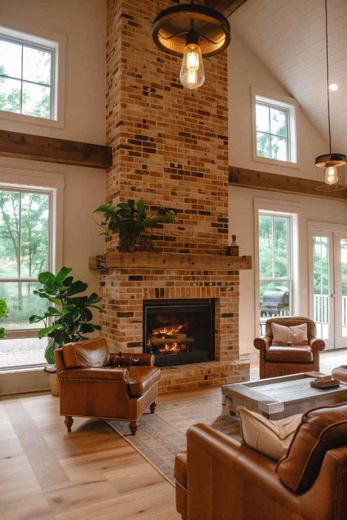 The striking stonework of the inviting fireplace embraces the farmhouse with its robust presence and exudes an undeniable touch of rugged charm. The brick's textured surface and earthy tones add warmth and character to the space and serve as a striking centerpiece.