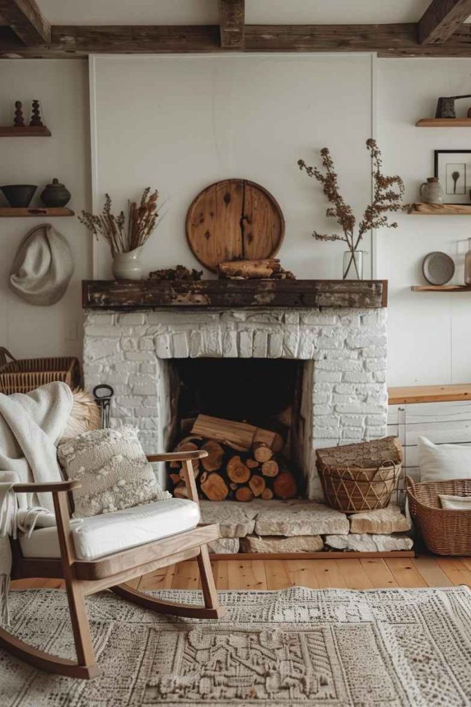 This farmhouse fireplace collage combines a delightful mix of vintage and modern finds to create a uniquely cozy nook that exudes character and charm. Every element, from vintage decor to modern accents, adds depth and visual interest to the room.