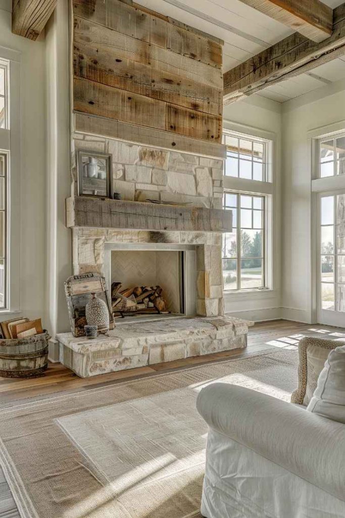 The farmhouse fireplace is neatly nestled into a charming stone wall and adorned with a <a href=